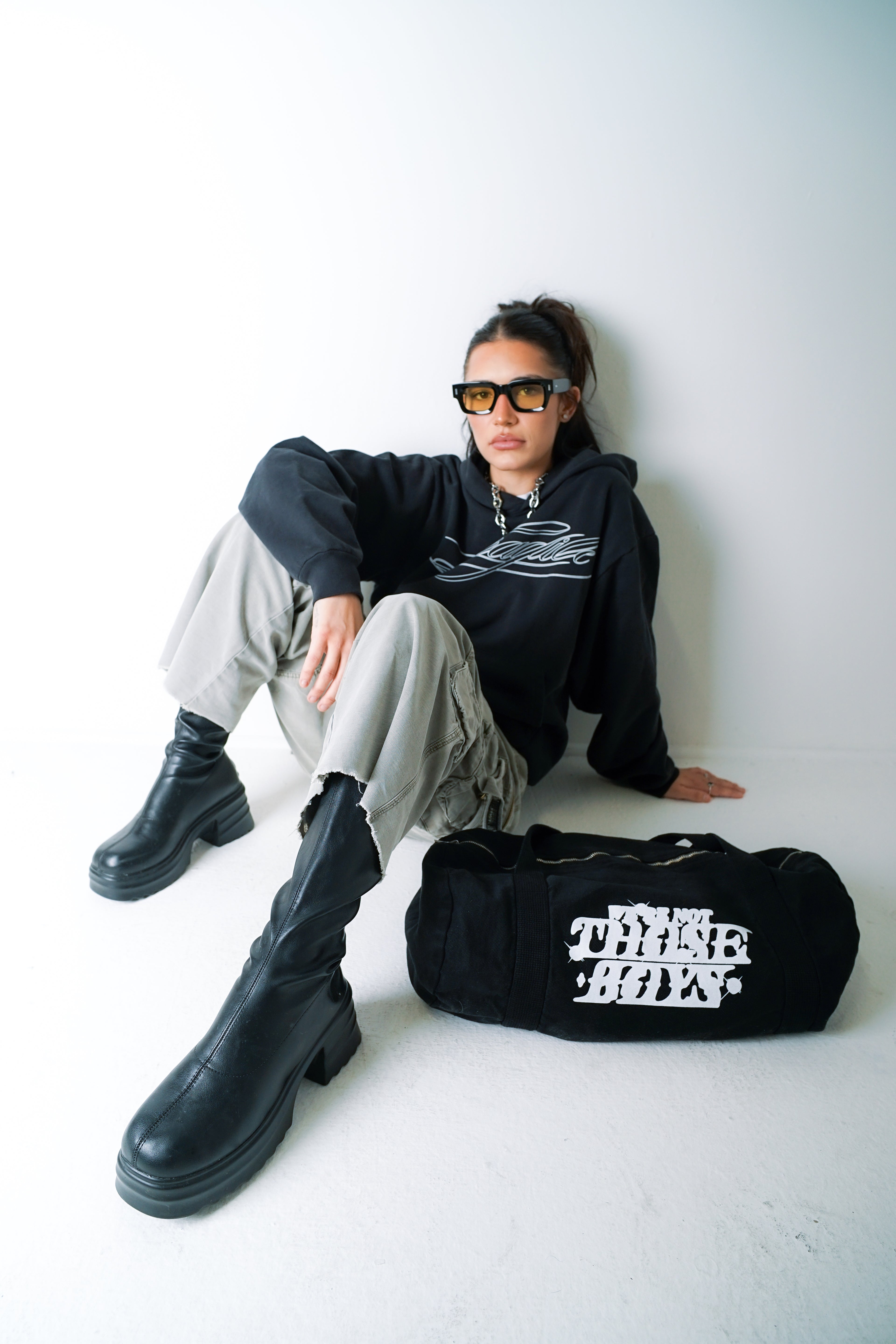 WE'RE NOT THOSE BOYS DENIM GYM BAG